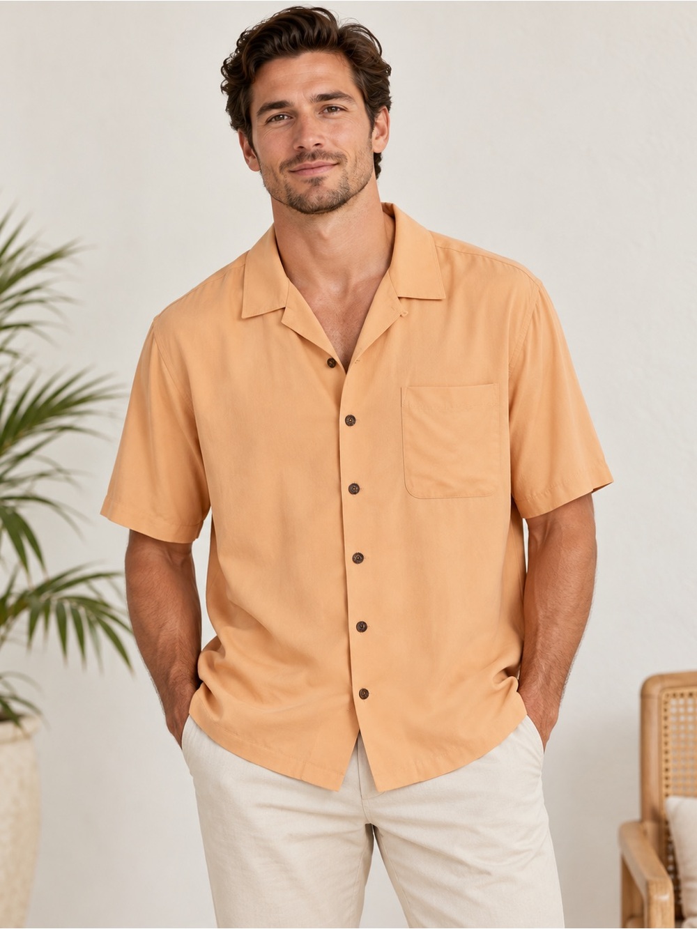 Vtg Tommy Bahama 100% silk Men's Short-Sleeve Button-Down Shirt in Camel L